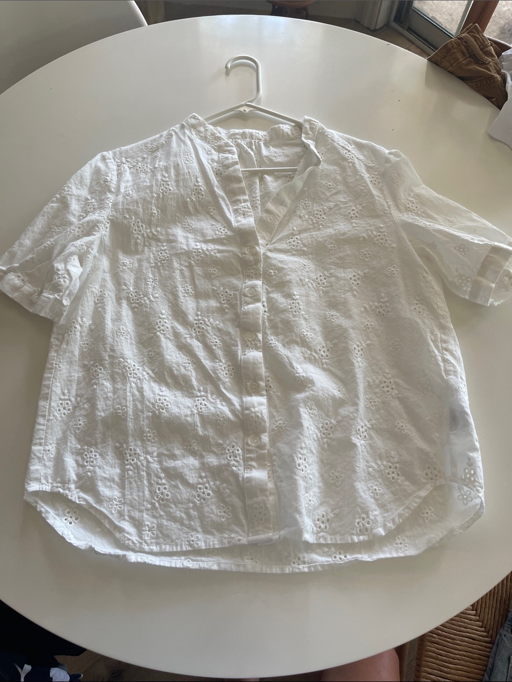 White Eyelet Button-Up Short Sleeve Blouse